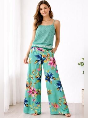 Avon Teal Wide-Leg Floral Pants with Pink & Blue Blooms